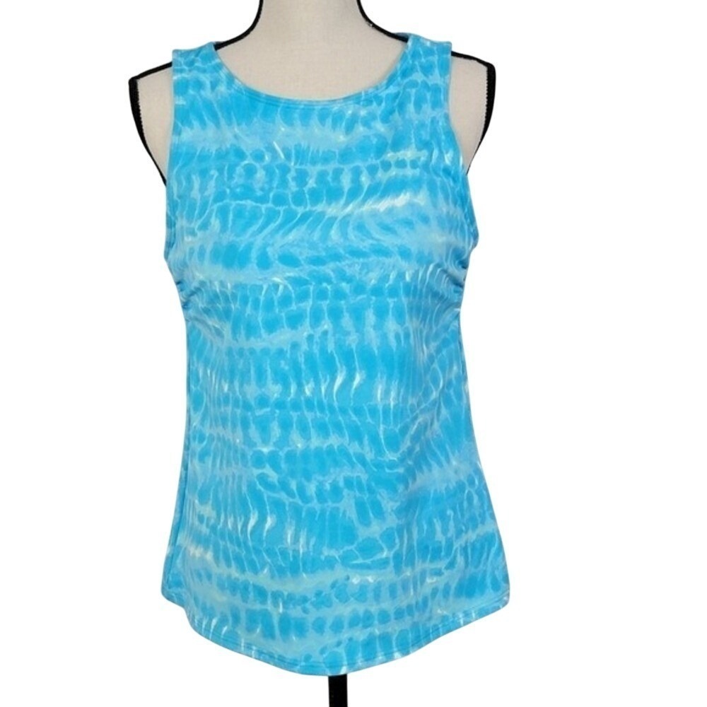Lands' End High-Neck Tankini Top Women's 12 Blue Tie Dye Ripple Swimwear Modest - Picture 2 of 14